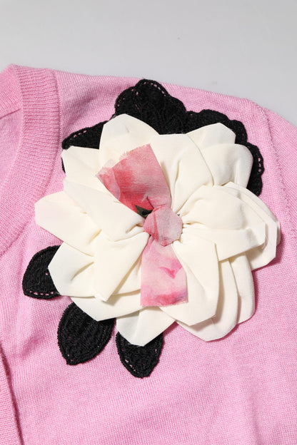 Pink Floral Detailing Cardigan Sweater