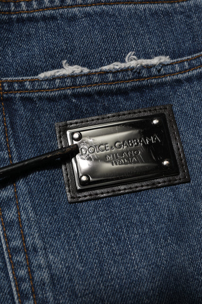 Blue Tattered Cotton Straight Denim Jeans