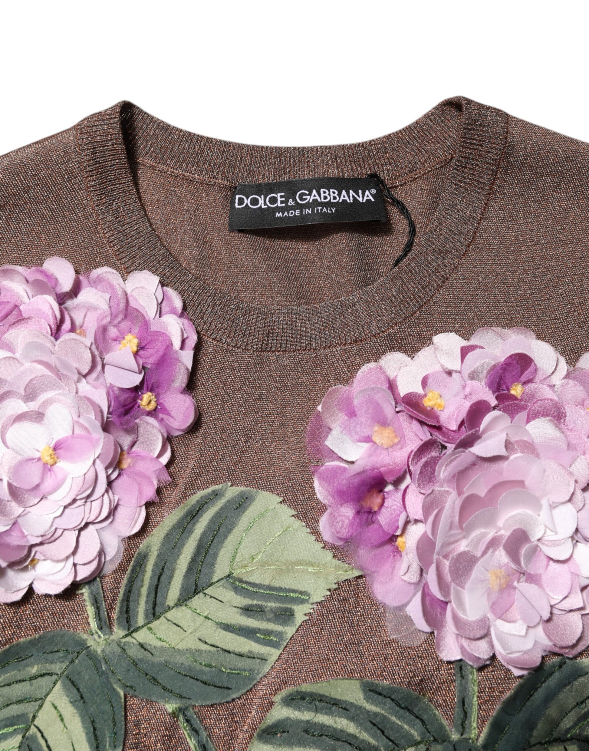 Brown Lily Embellished Round Neck Blouse Top