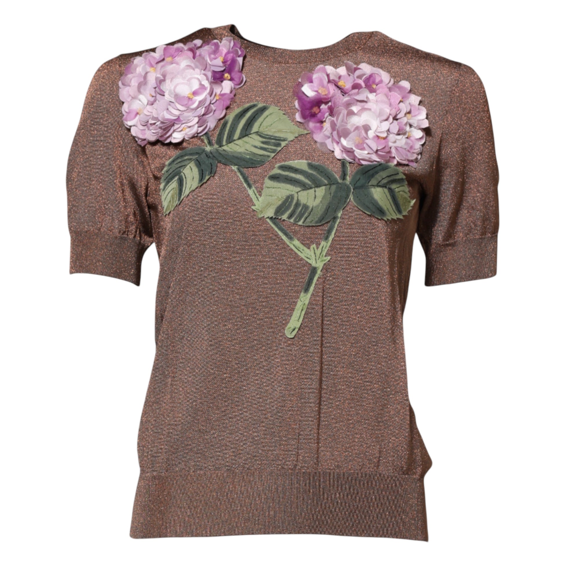 Brown Lily Embellished Round Neck Blouse Top