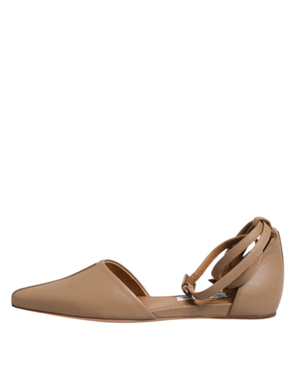 Beige Leather Pointed Toe Sandals Ballet Flat Shoes