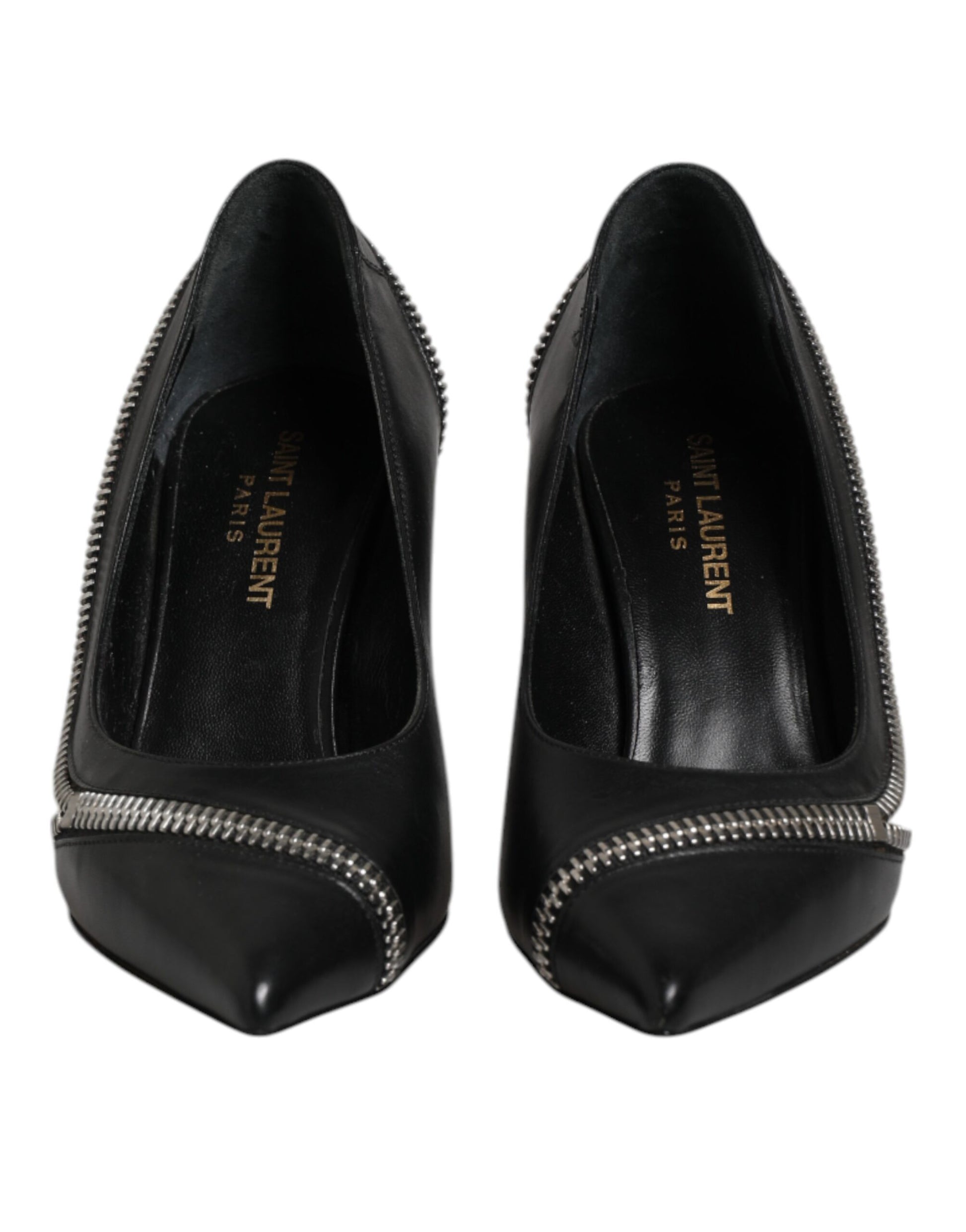 White Black Leather Pointed Toe Heels Shoes