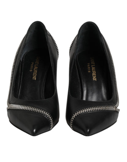 White Black Leather Pointed Toe Heels Shoes