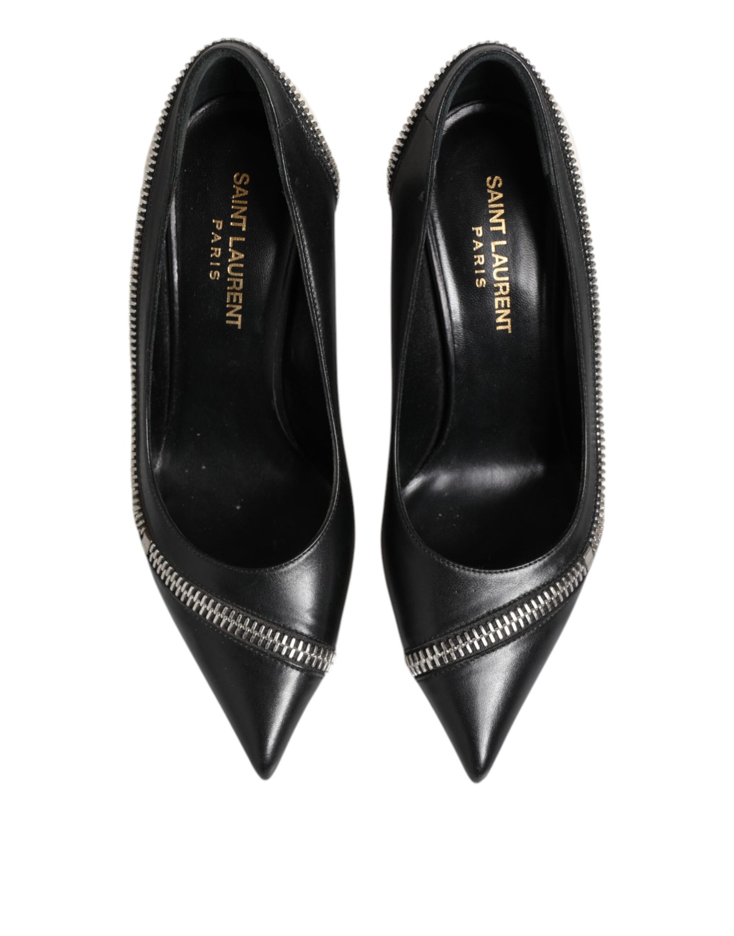 White Black Leather Pointed Toe Heels Shoes