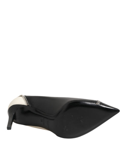 White Black Leather Pointed Toe Heels Shoes