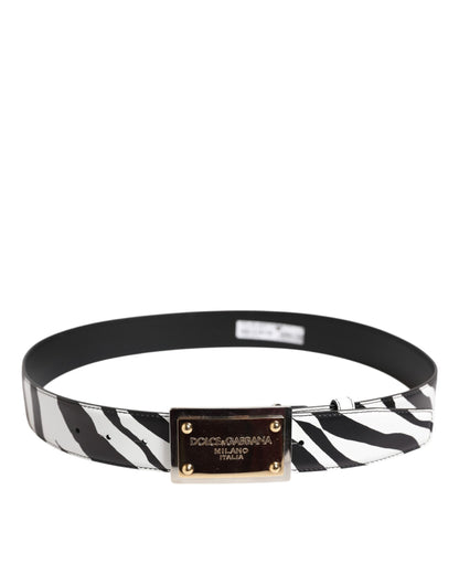 Black White Zebra Gold Metal Logo Buckle Belt