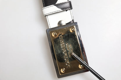 Black White Zebra Gold Metal Logo Buckle Belt
