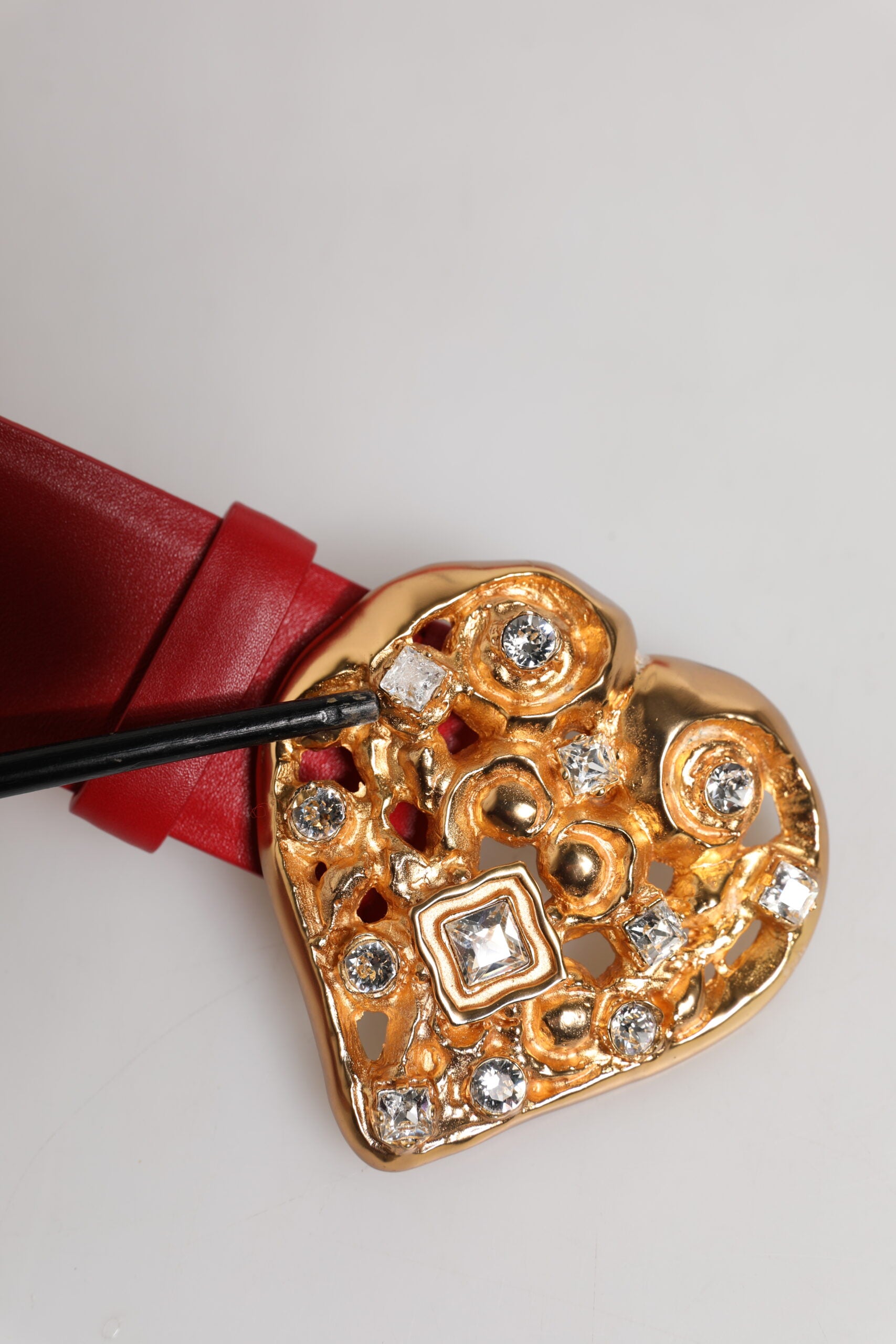 Red Calf Leather Embellished Metal Buckle Belt