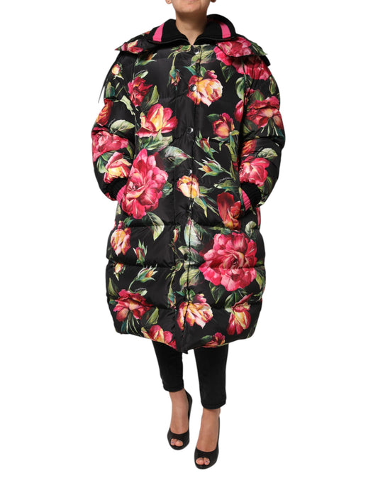 Black Floral Print Puffer Long Coat Jacket