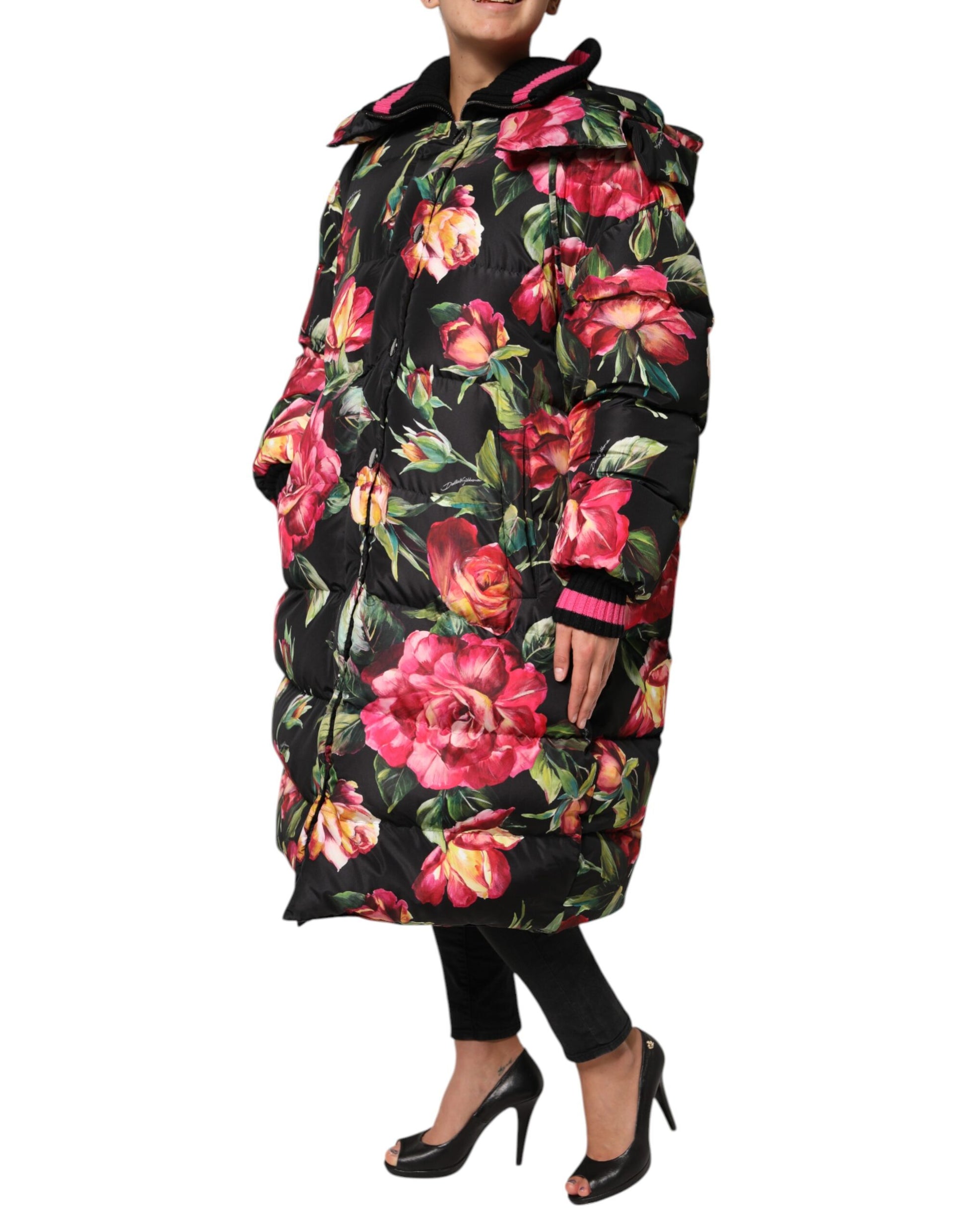 Black Floral Print Puffer Long Coat Jacket