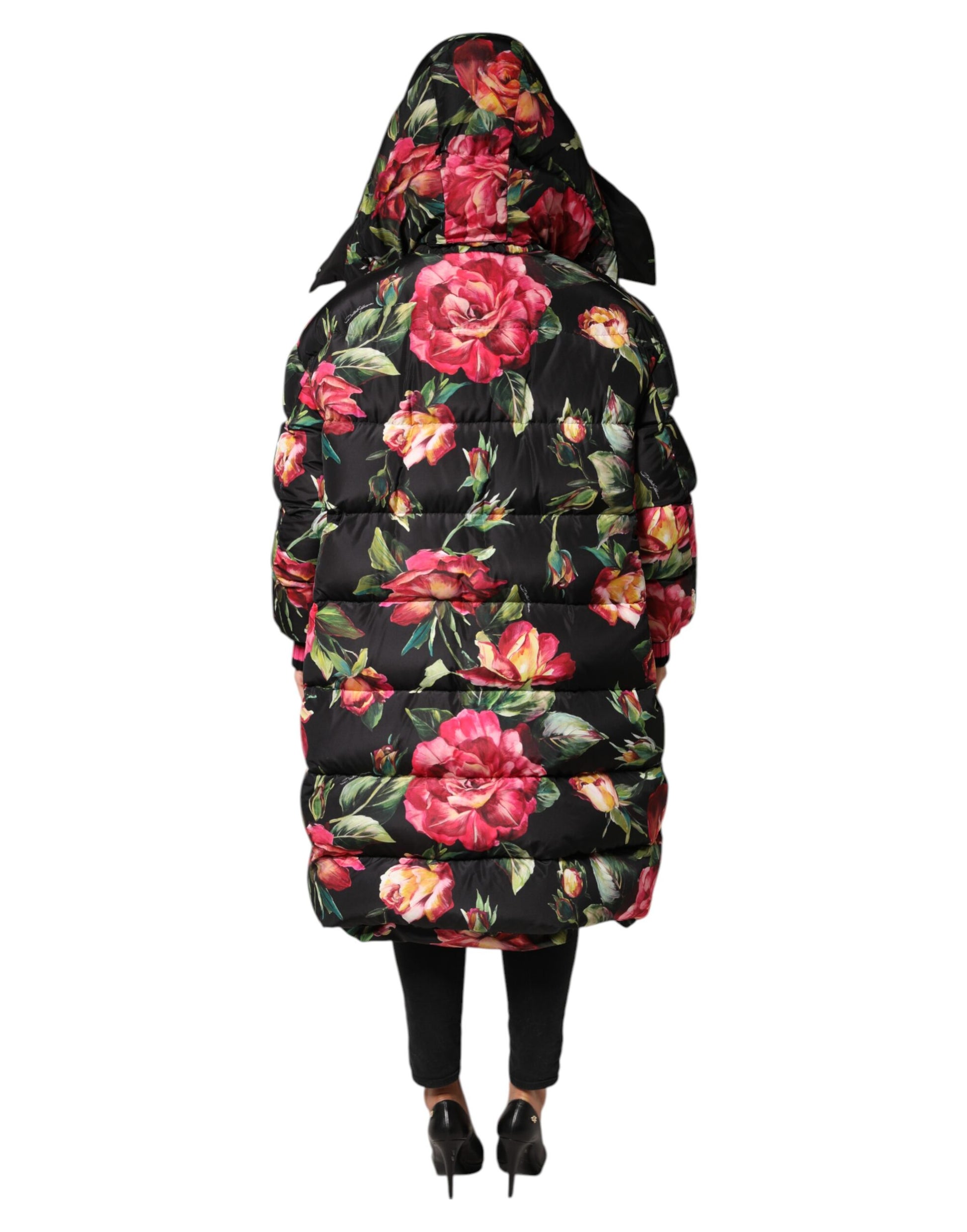 Black Floral Print Puffer Long Coat Jacket