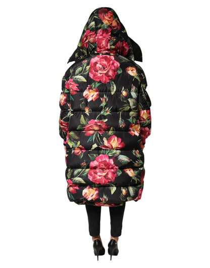 Black Floral Print Puffer Long Coat Jacket