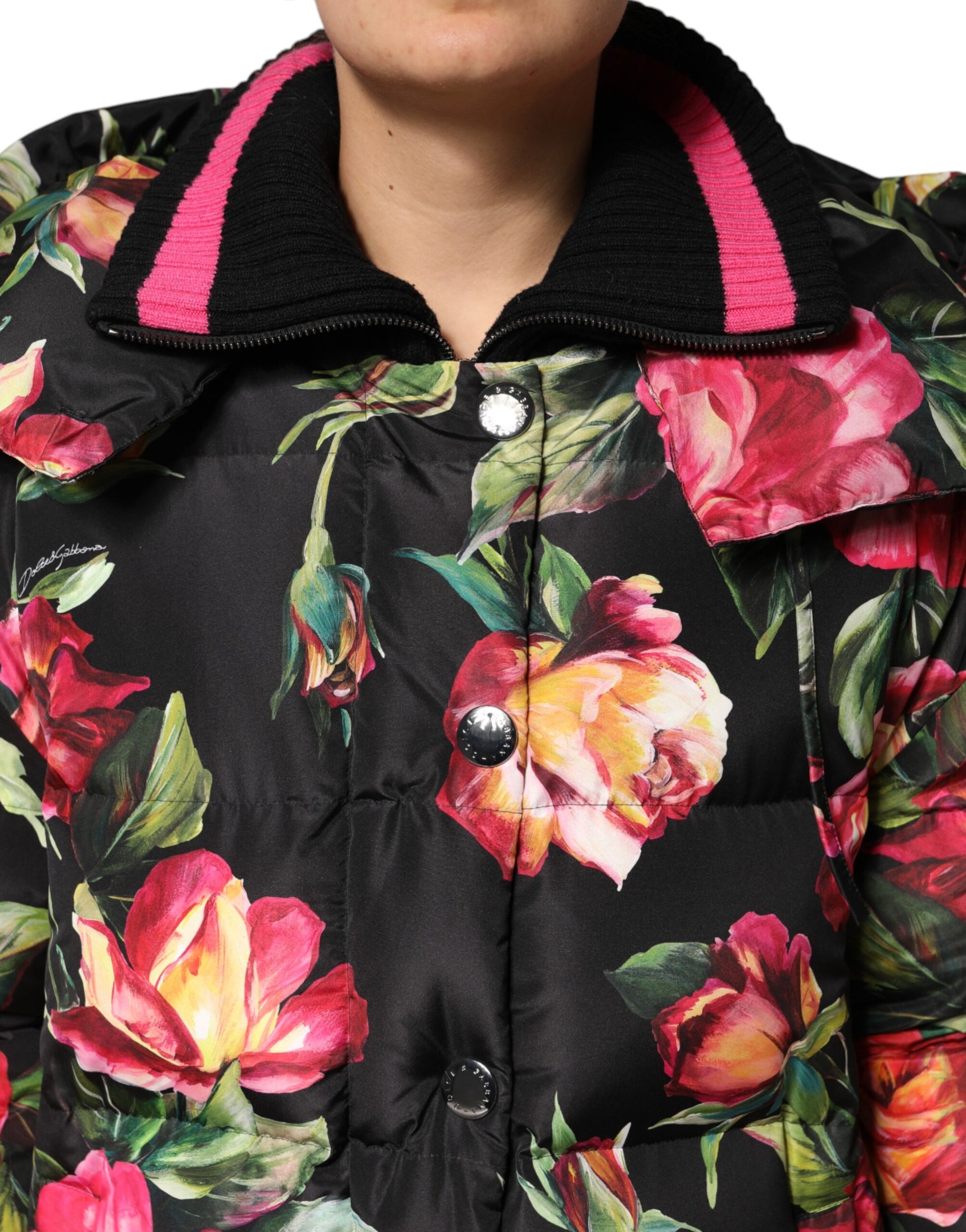 Black Floral Print Puffer Long Coat Jacket