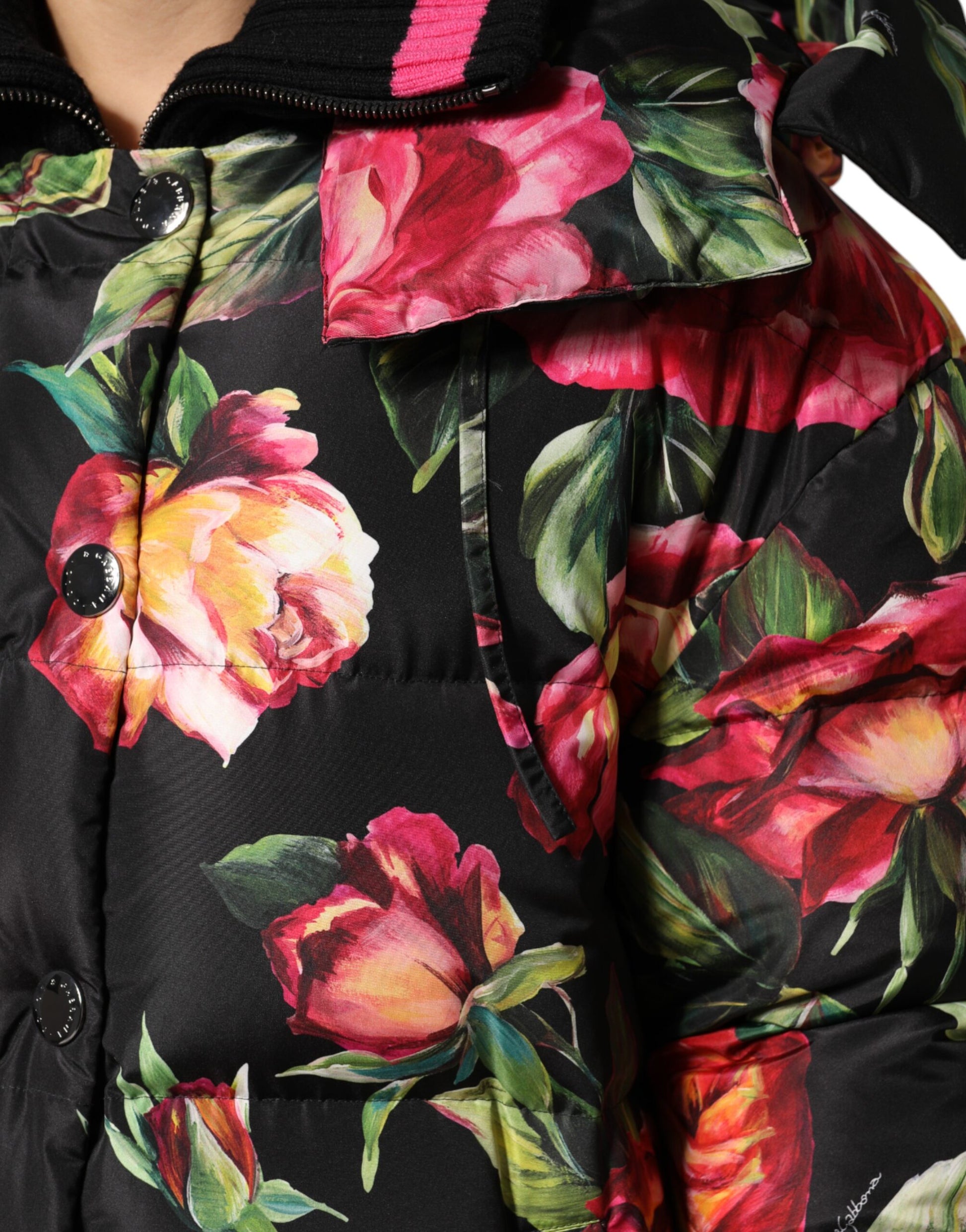 Black Floral Print Puffer Long Coat Jacket