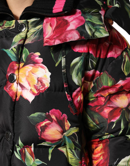 Black Floral Print Puffer Long Coat Jacket