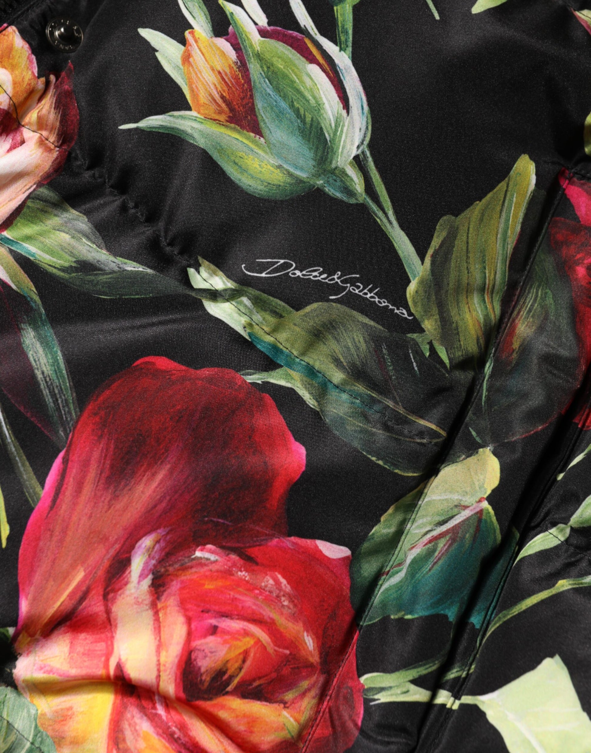 Black Floral Print Puffer Long Coat Jacket