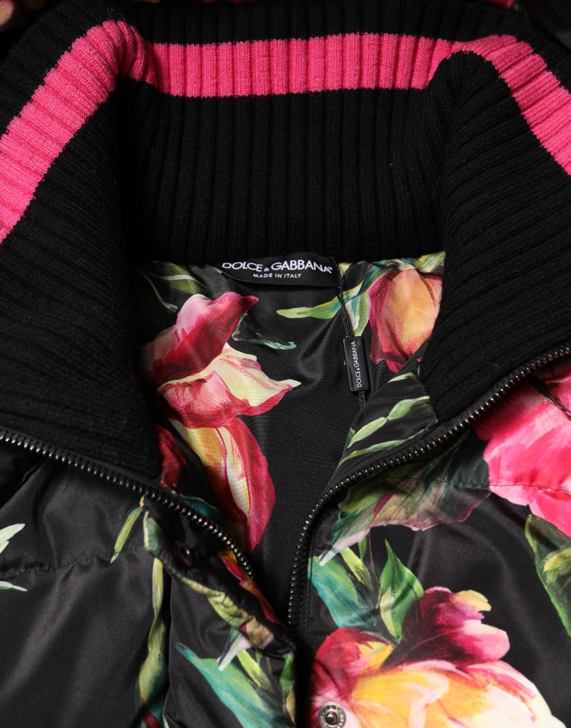 Black Floral Print Puffer Long Coat Jacket