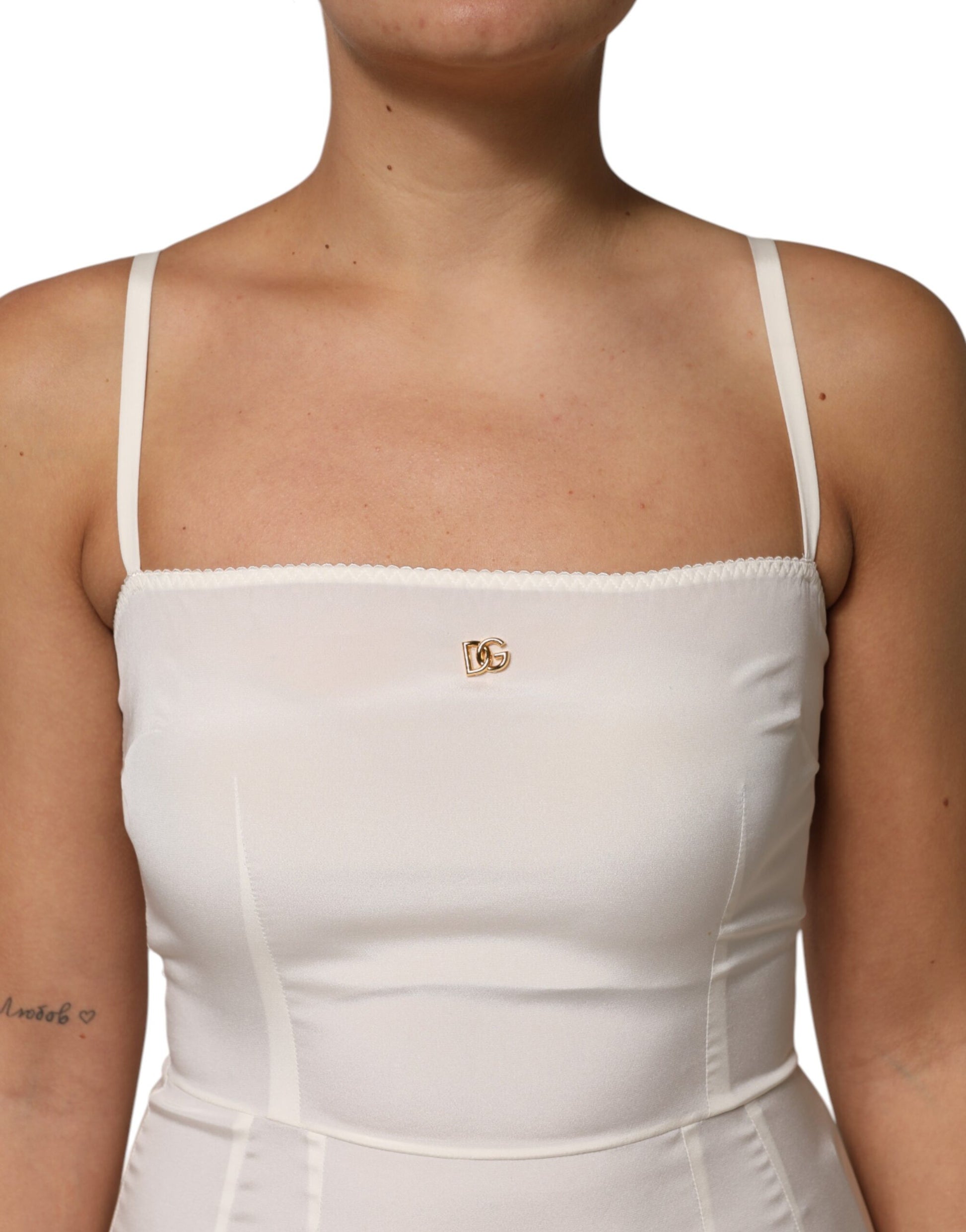 White Full Slip DG Logo Silk Dress Sleepwear