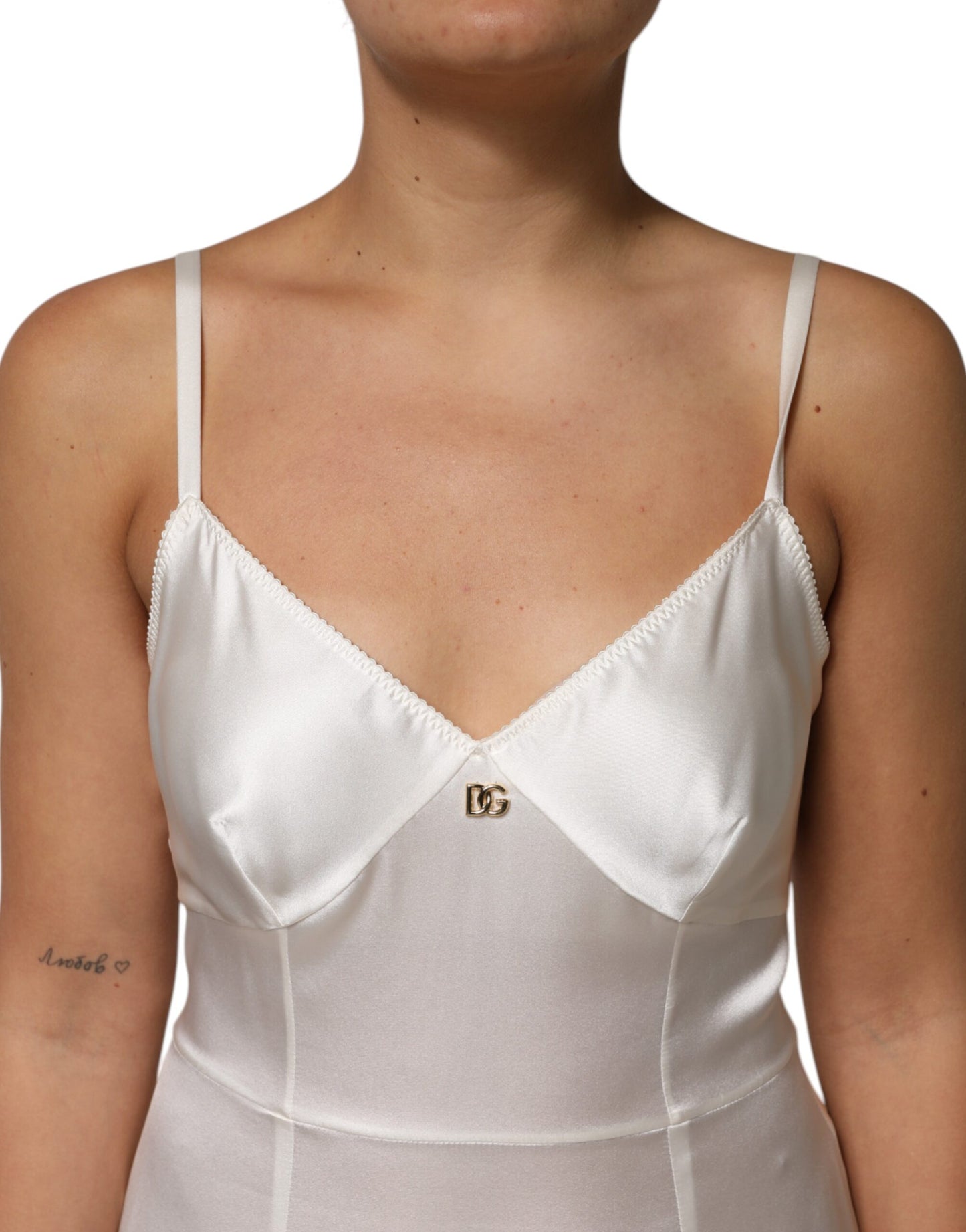 White DG Logo Full Slip Silk Dress Sleepwear