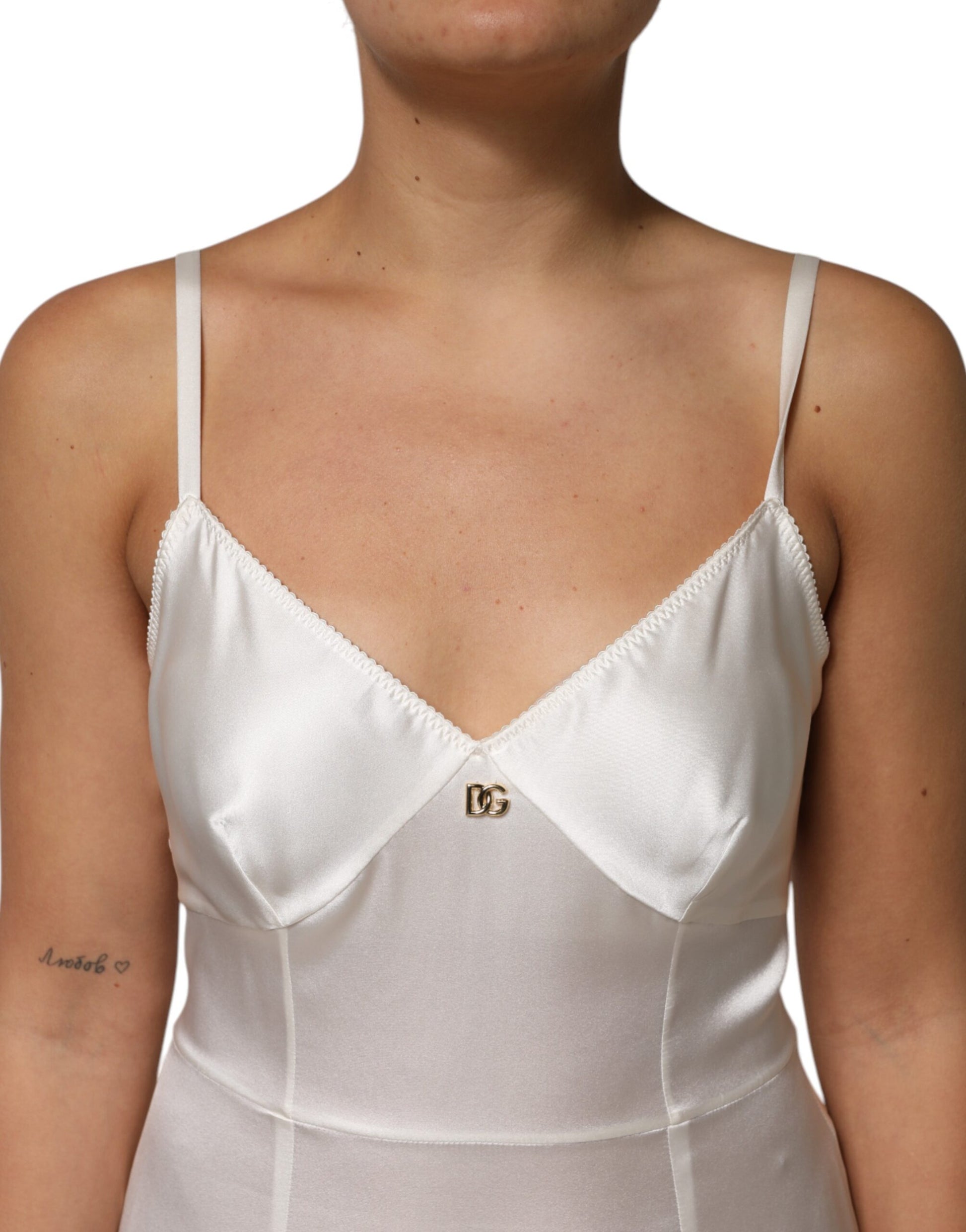 White DG Logo Full Slip Silk Dress Sleepwear