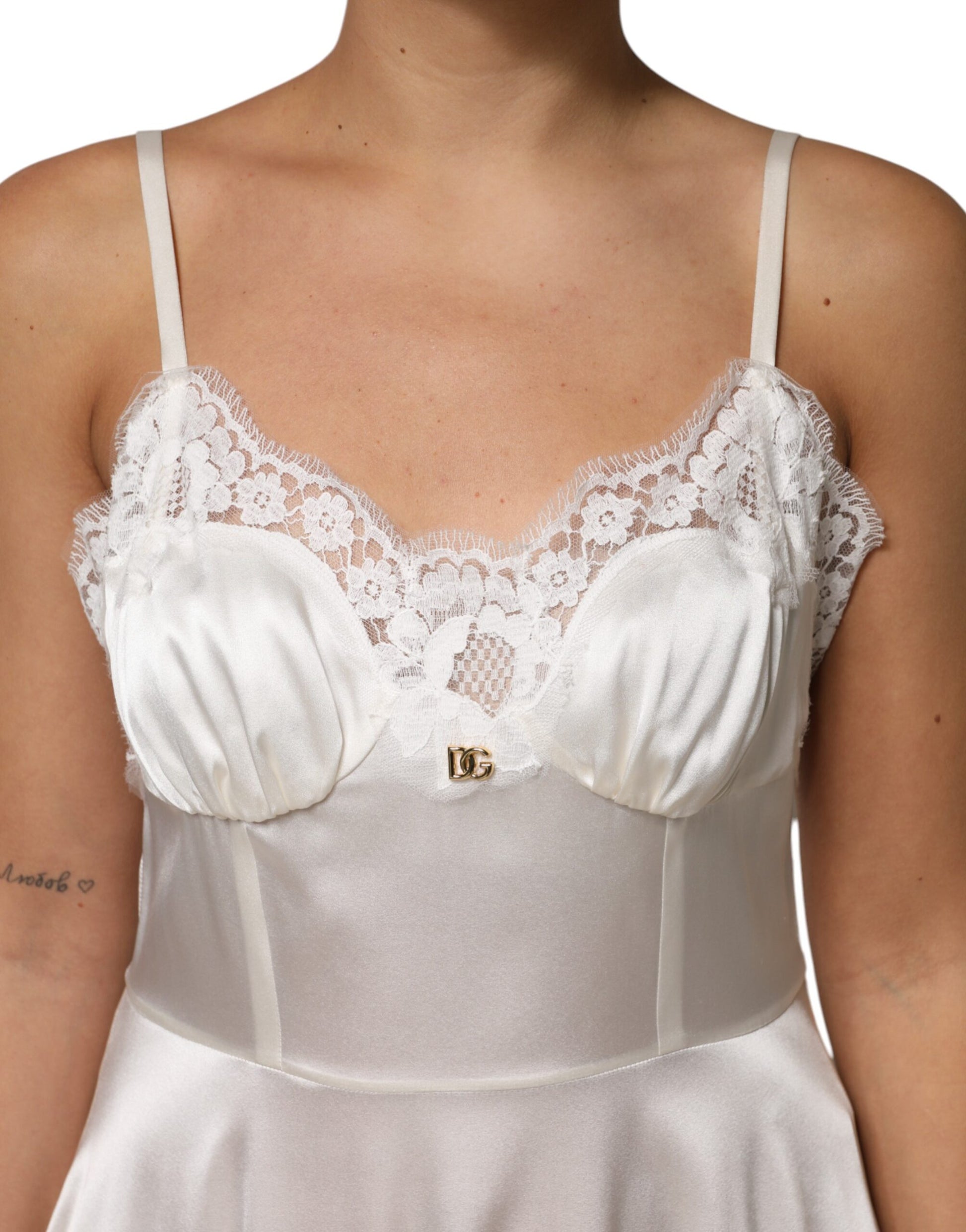 White Lace DG Logo Silk Dress Sleepwear