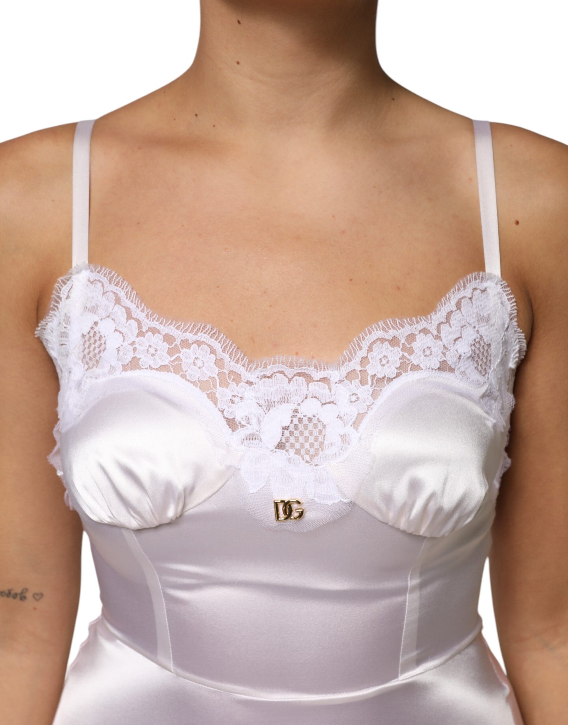 White Lace Gold DG Logo Silk Dress Sleepwear