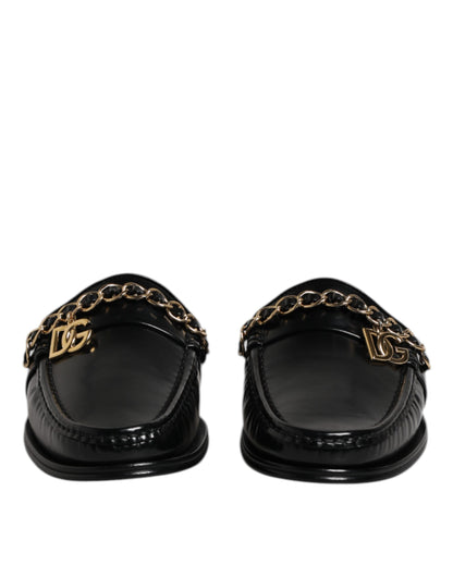 Black Leather DG Chain Embellished Sandals Shoes