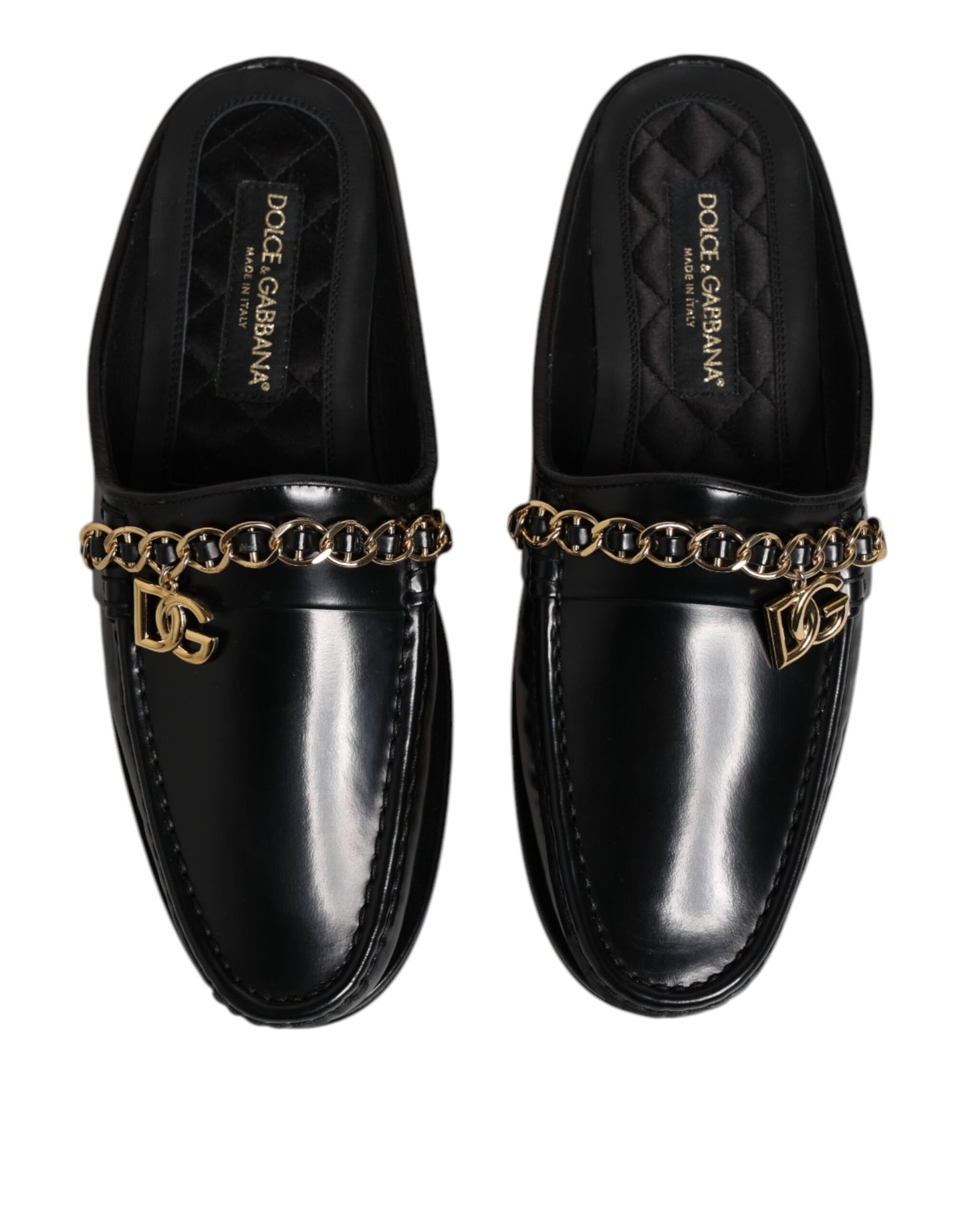 Black Leather DG Chain Embellished Sandals Shoes