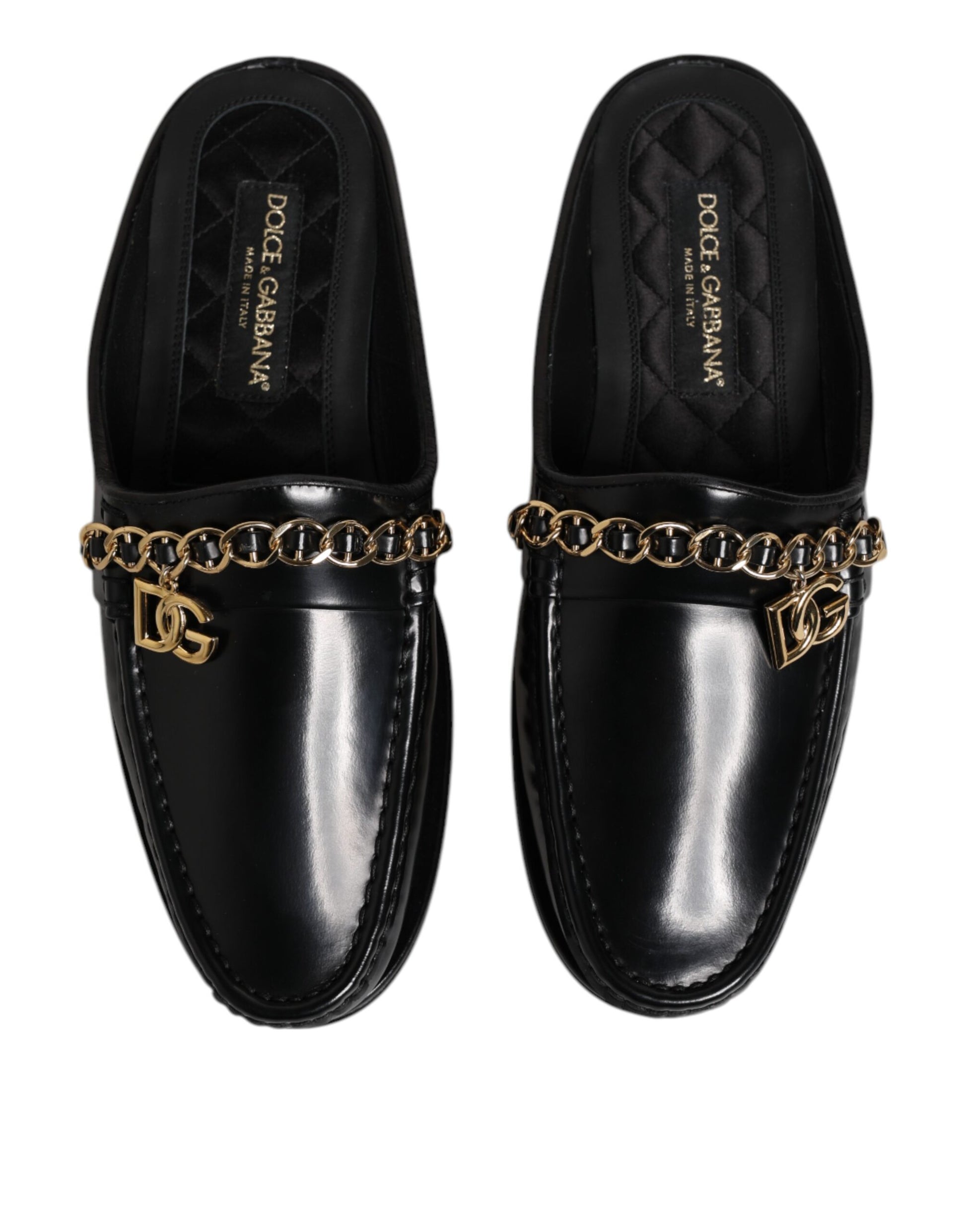 Black Leather DG Chain Embellished Sandals Shoes