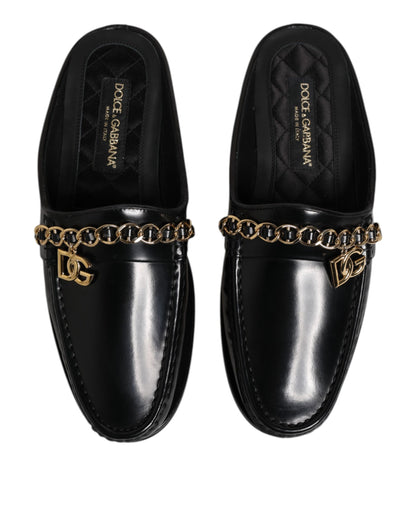 Black Leather DG Chain Embellished Sandals Shoes