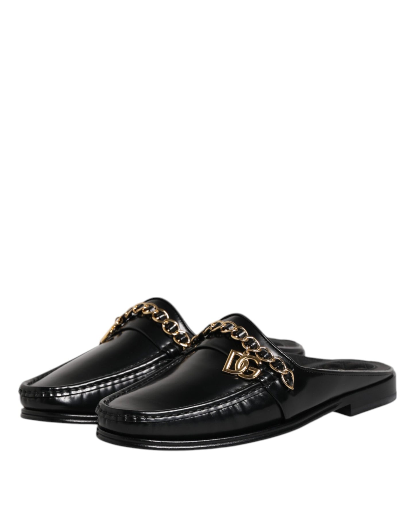 Black Leather DG Chain Embellished Sandals Shoes