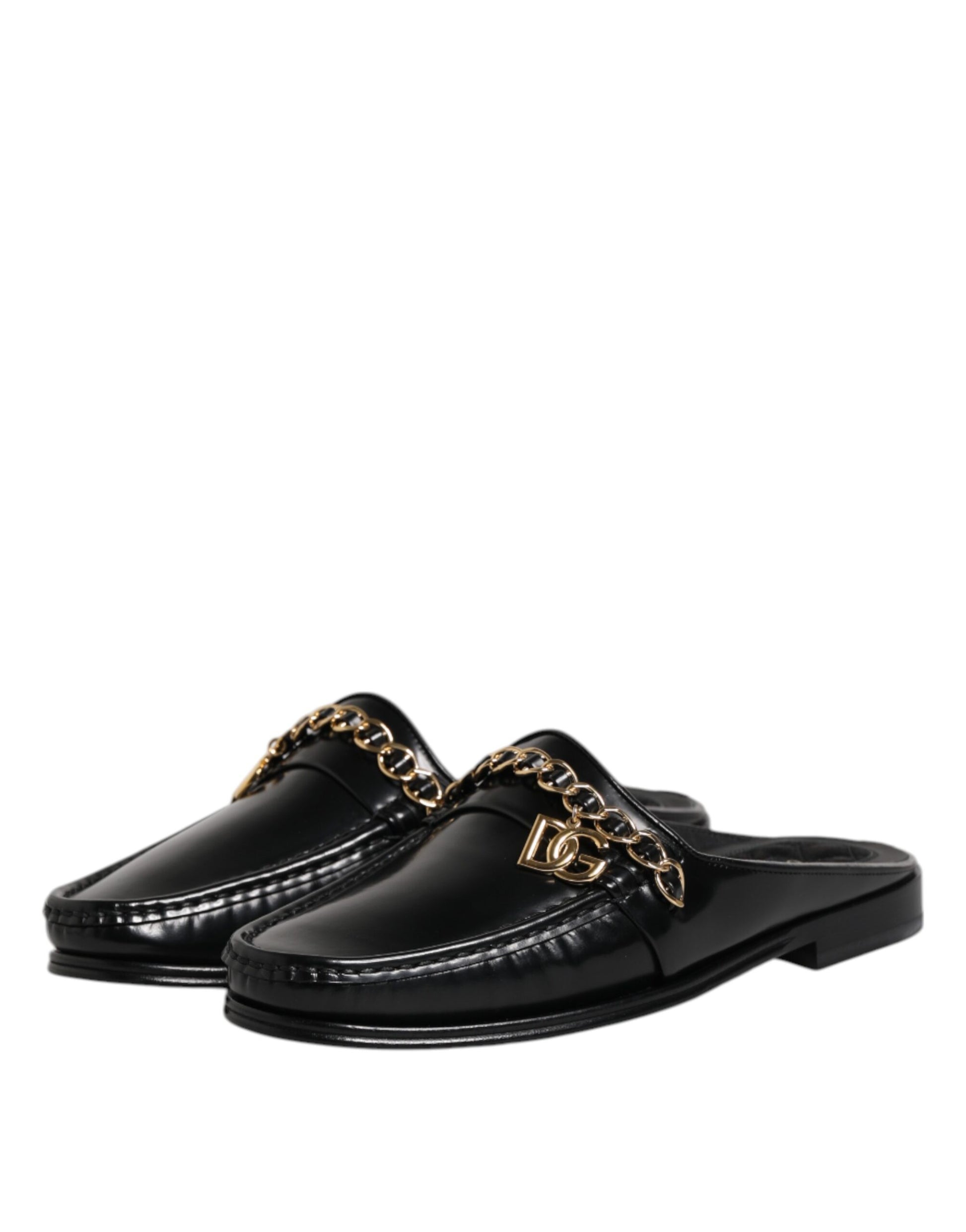 Black Leather DG Chain Embellished Sandals Shoes