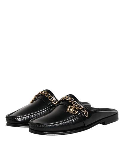 Black Leather DG Chain Embellished Sandals Shoes
