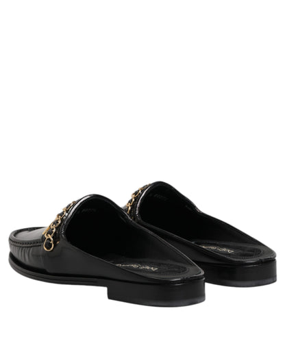 Black Leather DG Chain Embellished Sandals Shoes