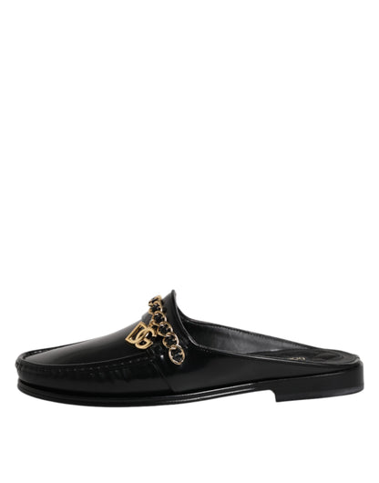 Black Leather DG Chain Embellished Sandals Shoes