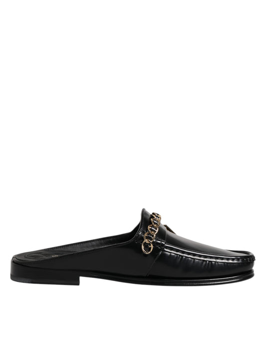 Black Leather DG Chain Embellished Sandals Shoes