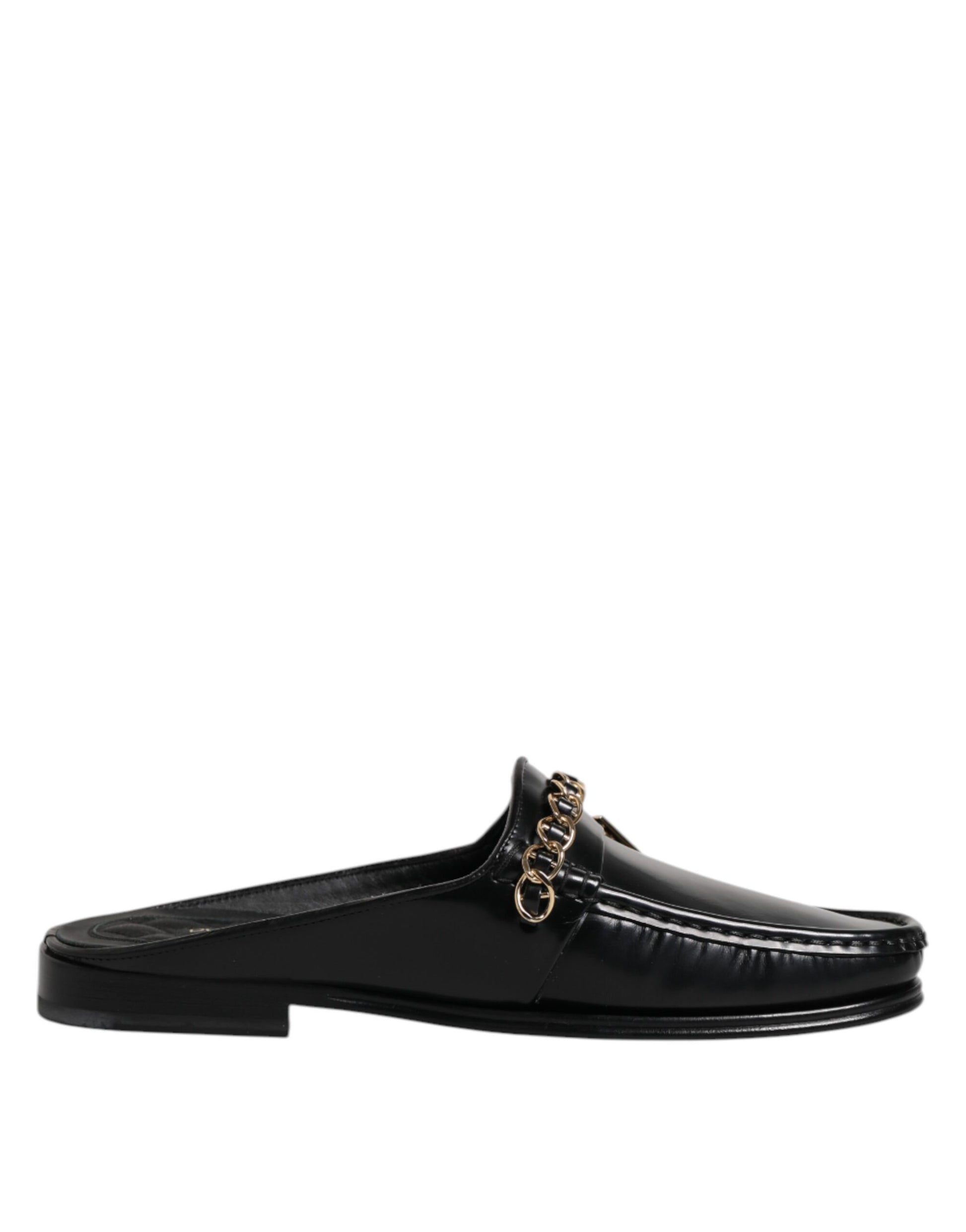Black Leather DG Chain Embellished Sandals Shoes