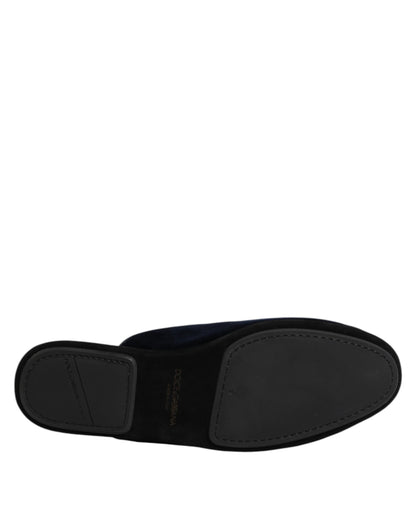 Dark Blue Viscose Velvet Slides Flat Slipper Shoes
