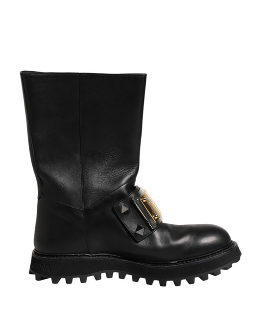 Black Leather DG Logo Plaque High Boots Shoes