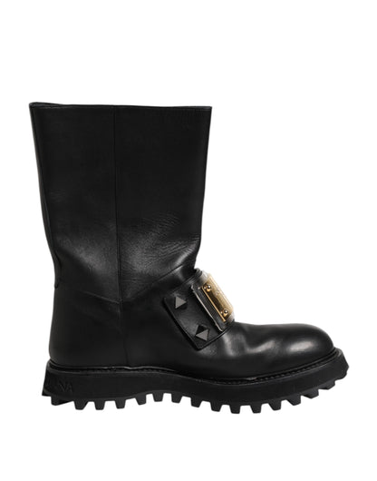 Black Leather DG Logo Plaque High Boots Shoes