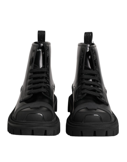Black Leather Lace Up Mid Calf Boots Shoes