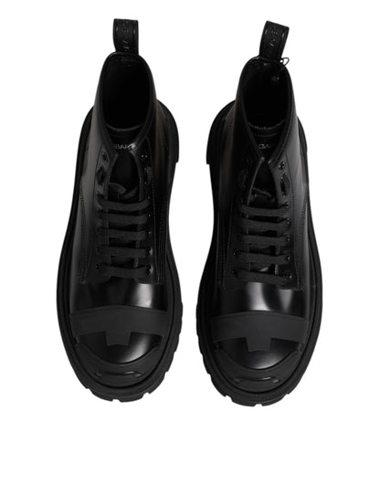 Black Leather Lace Up Mid Calf Boots Shoes