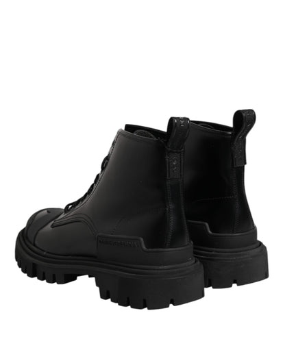 Black Leather Lace Up Mid Calf Boots Shoes