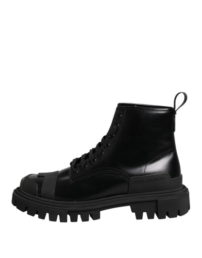 Black Leather Lace Up Mid Calf Boots Shoes