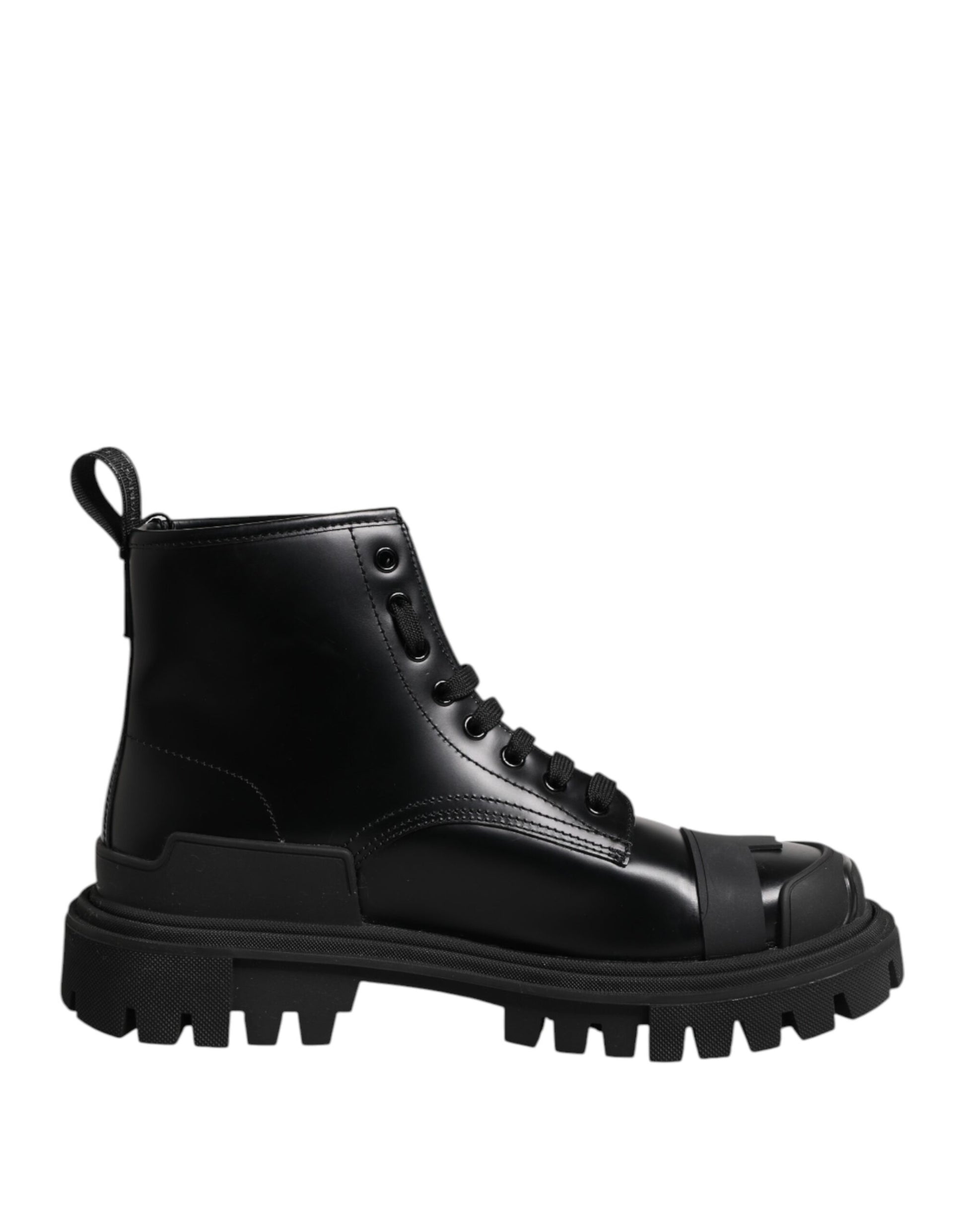 Black Leather Lace Up Mid Calf Boots Shoes