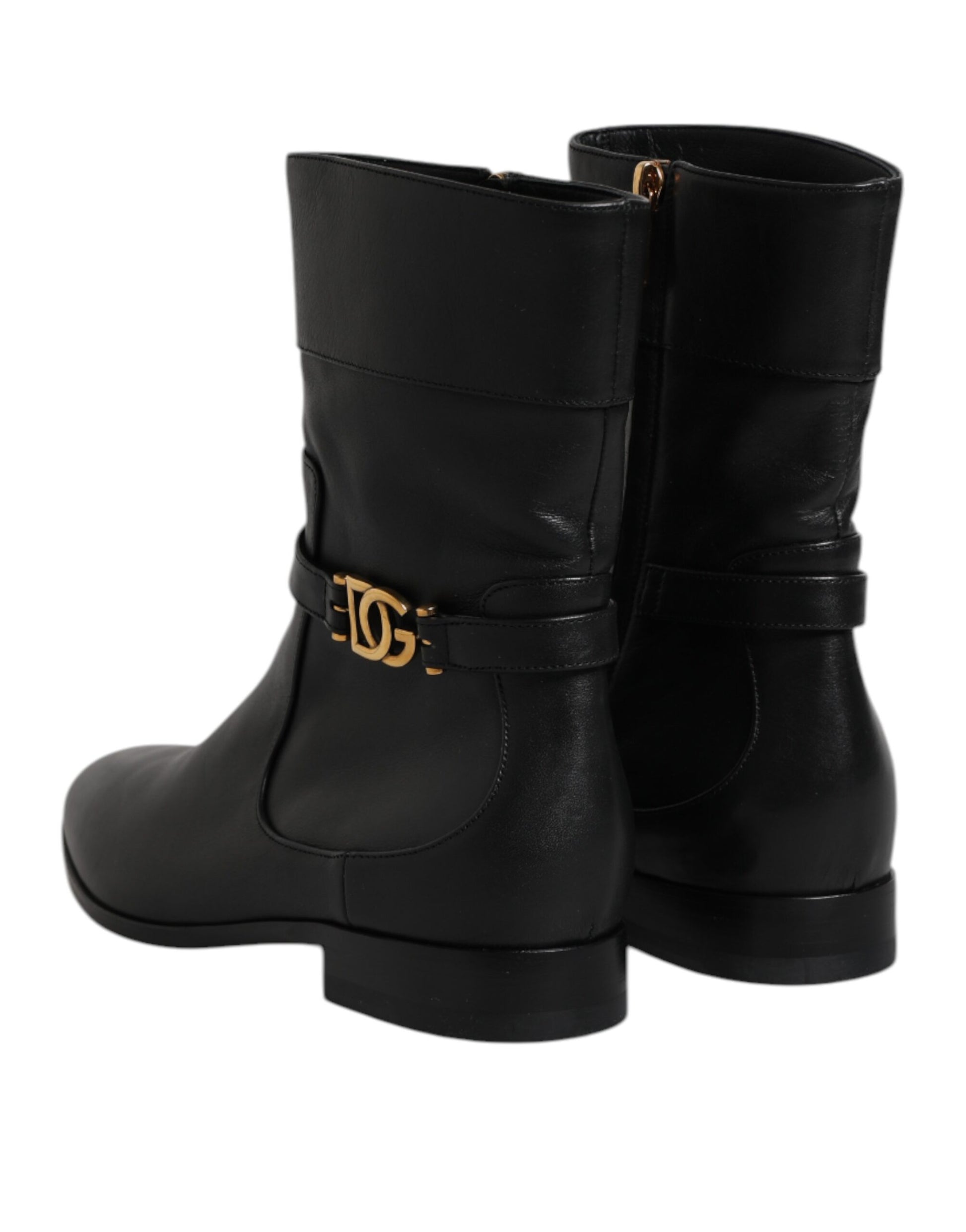 Black Leather Flats Logo Short Boots Shoes