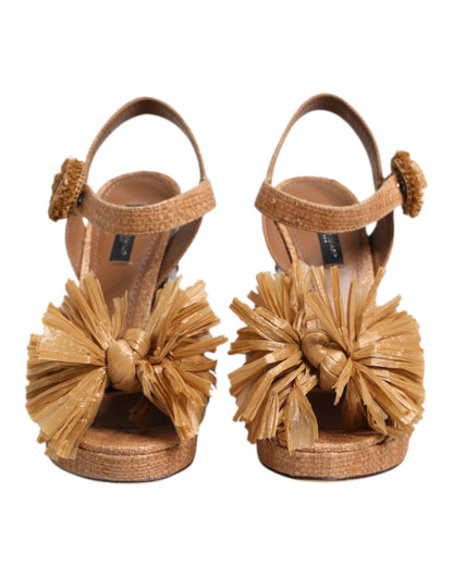 Brown Raffia Ankle Strap Crystal Sandals Shoes