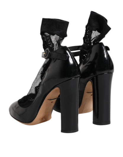 Black Leather Lace Socks Heels Pumps Shoes