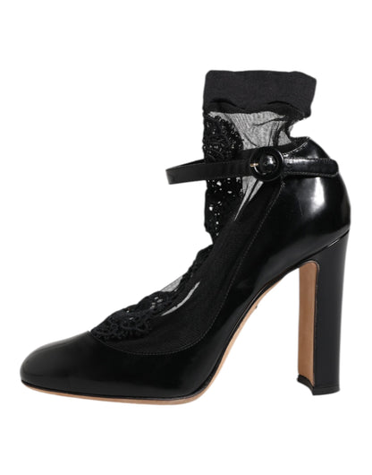Black Leather Lace Socks Heels Pumps Shoes