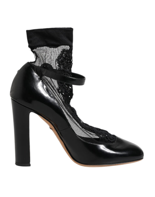 Black Leather Lace Socks Heels Pumps Shoes
